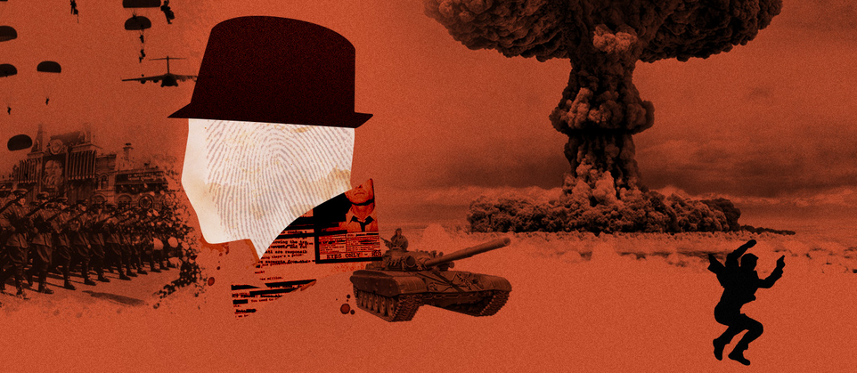 An orange, white, and black image advertising a Cold War themed game. A white silhouette of a man in a fedora sits in the foreground. Images of the Soviet Army and a nuclear explosion appear in the background.