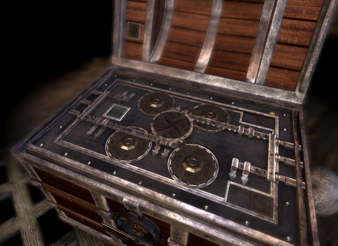 An open puzzle box depicting a complex metal geared contraption.