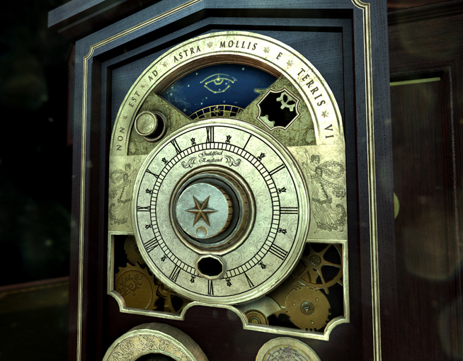 In-game screenshot of a puzzle involving a mechanical clock.