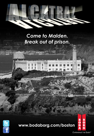 Alcatraz game poster. Depicts a black and white photo of Alcatraz prison. It says, 