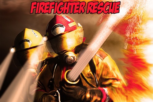 An illustrated image of two fire fighers hosing down flames. Red text reads, 