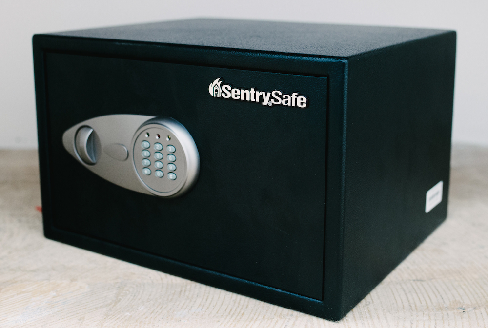Image of a safe with a digital keypad on the front.