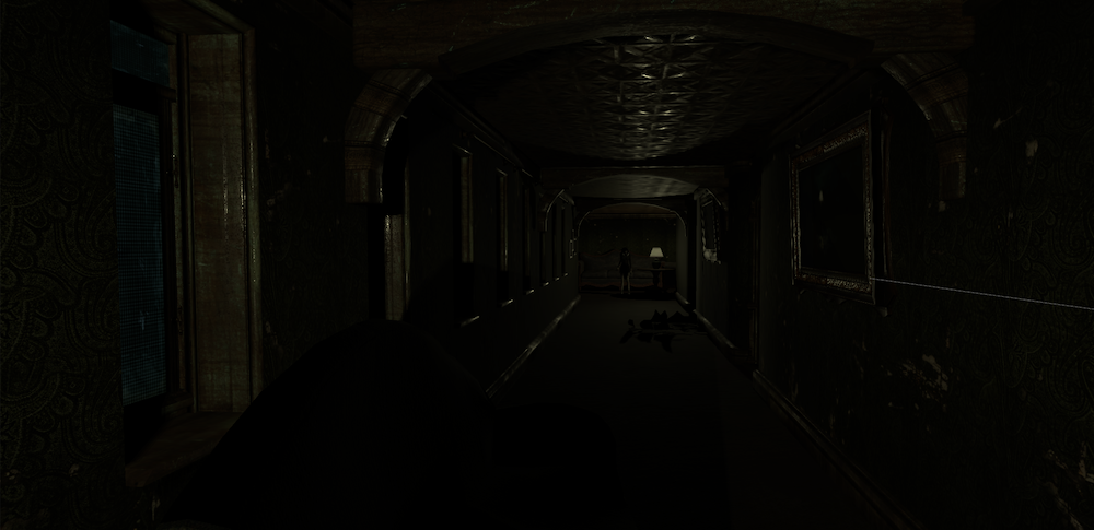 In-game screen shot of a dimly lit long spooky hallway. A small femine figure stands in the shadows at the opposite end.
