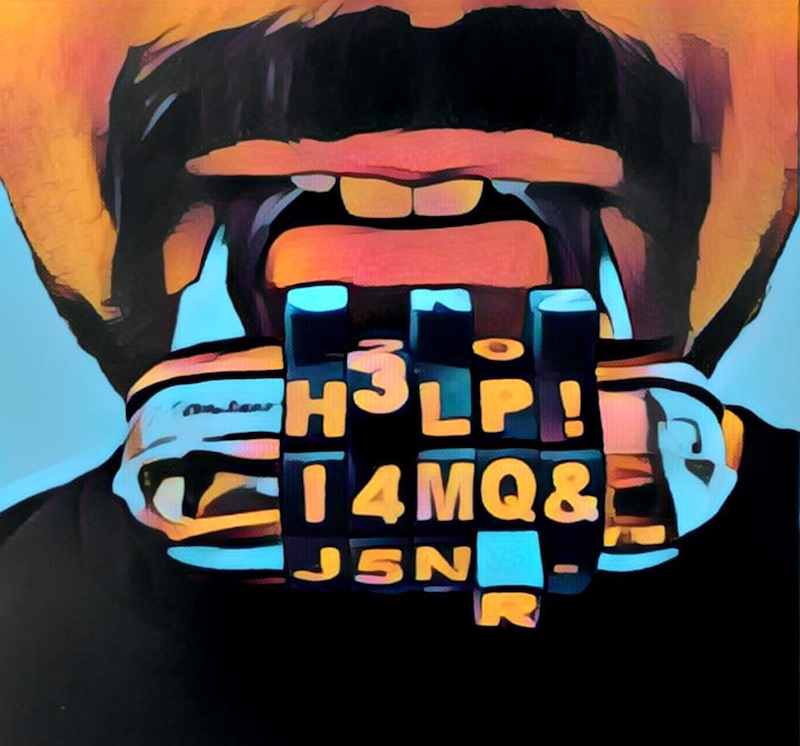 Painting of a mouth with a word lock in its mouth. The lock reads, "HELP!"
