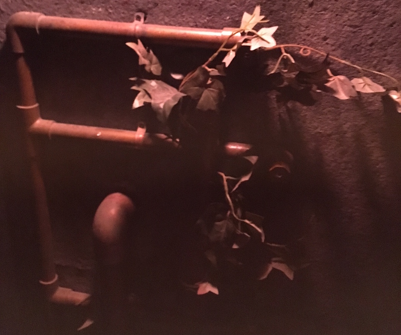 Close up of a wall with copper piping and ivy.