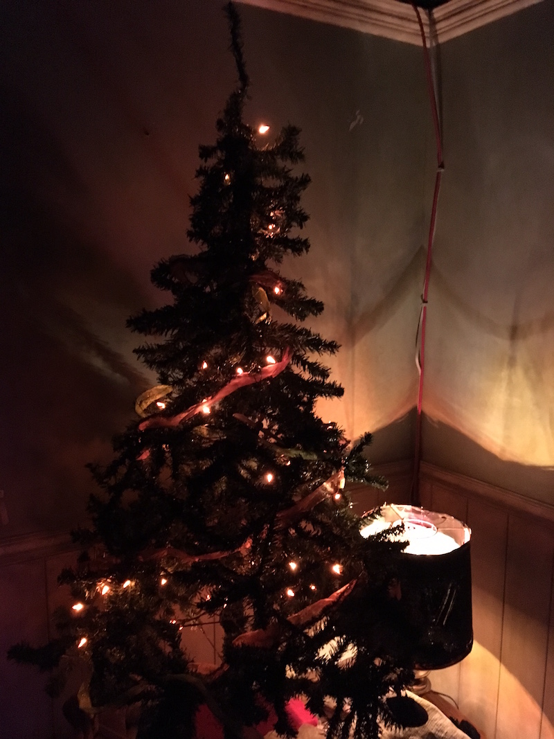 In-game image of a dramatically lit Christmas tree in a dark and creepy home.