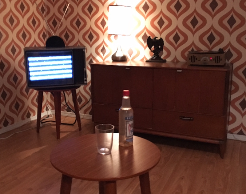 In-game, livingroom with an old television and record player in the background. A bottle of vodka and a glass rest on a small table in the foreground.