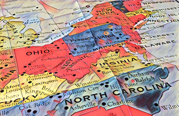 Stylized photo of a map of the north eastern quarter of the United States