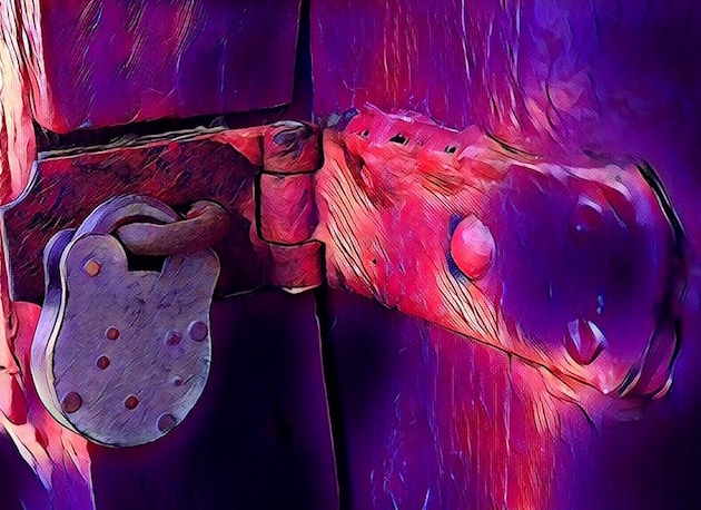 Painting of a lock. The background is pink, purple, and black. A large old lock holds teh door shut.