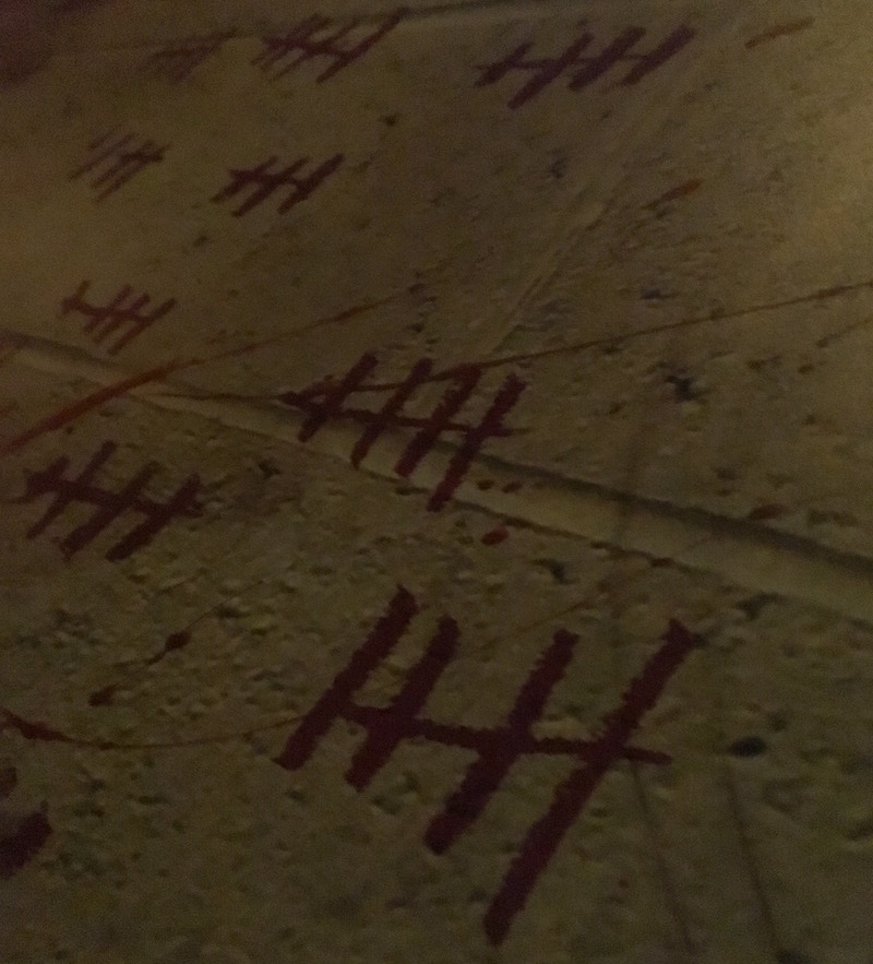 In-game: Closeup of tally marks scrawled on a concrete wall.