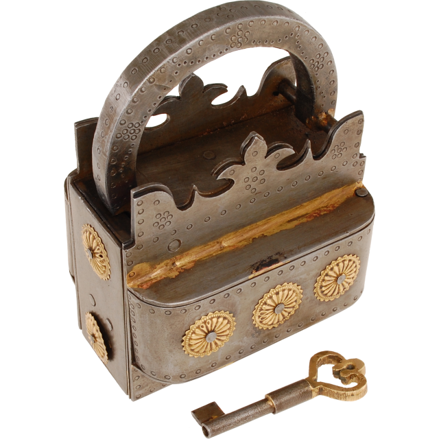 A massive and intricate puzzle lock that is shaped like a crown.