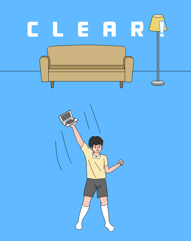 In game: The stage clear screen featues the main character triumphantly holding his gaming device in the air.