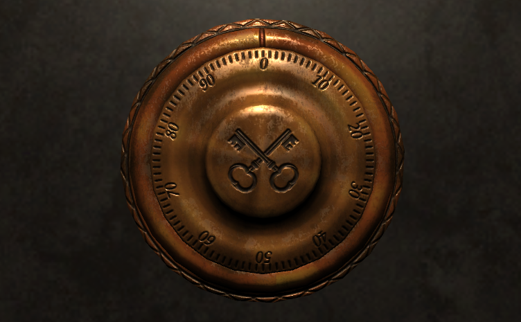 In game: An old safe's number dial with the Sherlocked cross-keys logo on the knob.