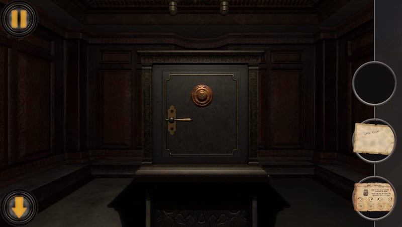 In game: An old safe on a small table in the middle of a large room.