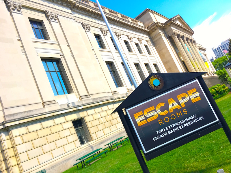 The Franklin Institute with it's new Escape Room sign out front.