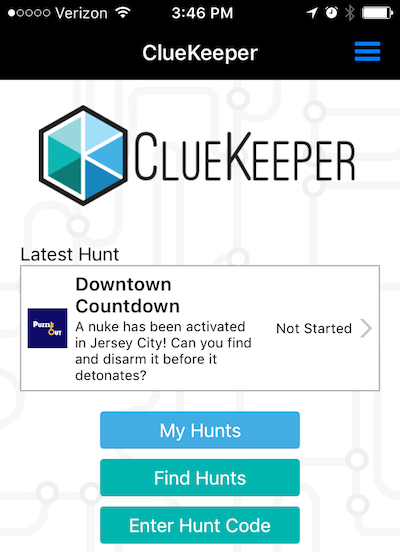 In-game: The start screen for accessing Downtown Countdown within the ClueKeeper app.