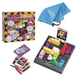 Box art and traffic jam puzzling components of Rush Hour Jr.