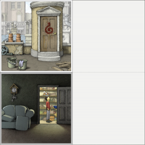 In-game: a 4 paneled layout with two active panels. One on a rooftop, the other in a livingroom.