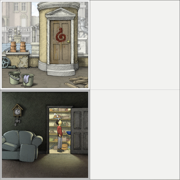 In-game: a 4 paneled layout with two active panels. One on a rooftop, the other in a livingroom.