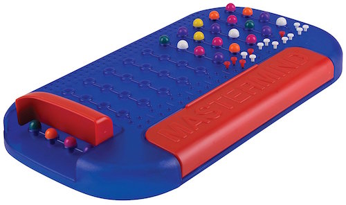 A blue Mastermind Board covered in multicolored pips. 