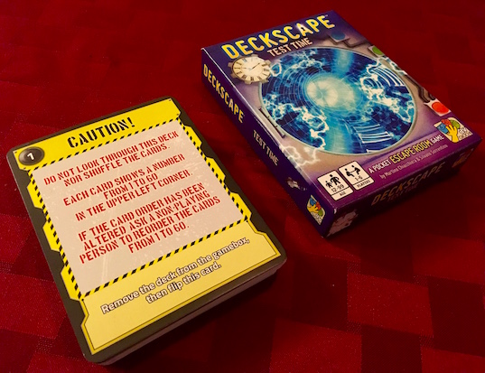 Deckscape Caution! introduction card explaining that cards should not be flipped unless they say so, and they should not be reorded.