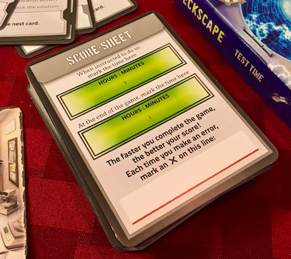 The Deckscape score sheet with time remaining and penalties.