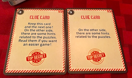 The backside of the clue cards for Deckscape.