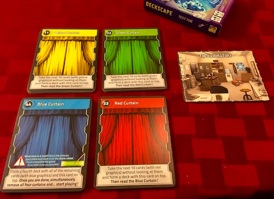 4 colored curtains each representing a parallel track for puzzling.