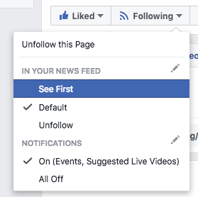 Facebook's following dropdown, set to "Default" with "See First" highlighted.