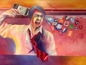 Painting of a man holding an iPhone to his head like a gun, and social media icons shooting out the other side like blood, bone and brains.
