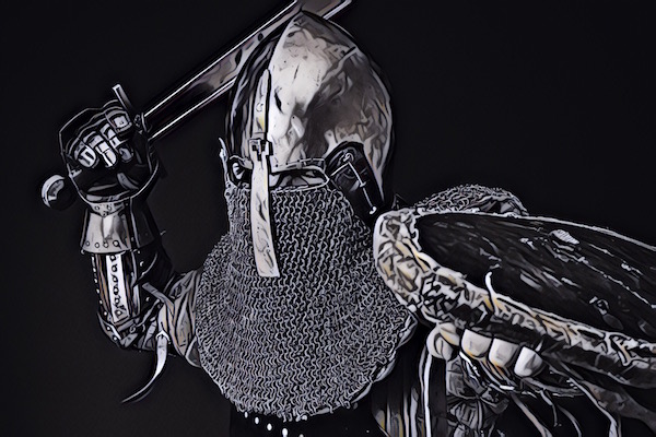 Intense black & white image of a armored knight ready to strike with a sword. 