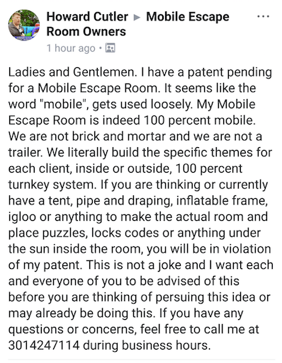 Screen shot of Howard Cutler's Facebook post: Full text printed below picture