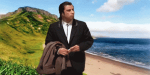 John Travolta in a suit lost on an island.