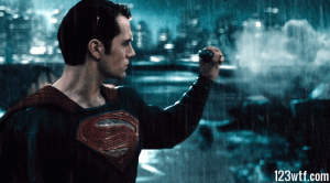 Superman catching a bullet, then it explodes into a cloud of kryptonite.