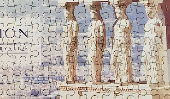 A blue and white jigsaw puzzle.