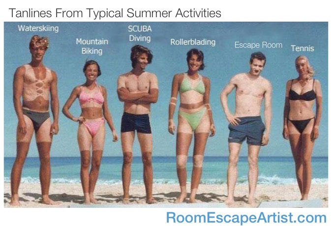 Tanlines from typical summer activities, depicting an assortment of people with tans reflecting the sport's clothing. Escape room is the label over a tanless guy, 