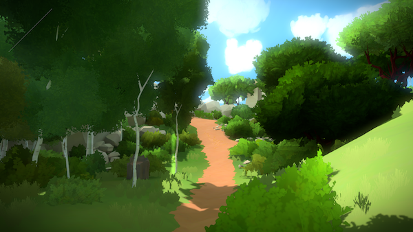 In-game: A lush forrest with a dirt path running through it.