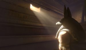 In-game: A ray of light shining on a large statue of Anubis.