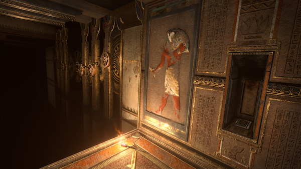 In-game: a corridore featuring an image of Horus on a wall of hieroglyphics.