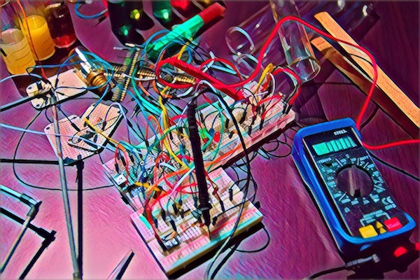 Artistically rendered image of complex breadboarding.