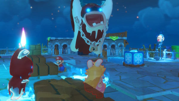 In the spooky world, an enemy jumps toward Rabbid Peach, ready to smash her with a coffin for some damage.