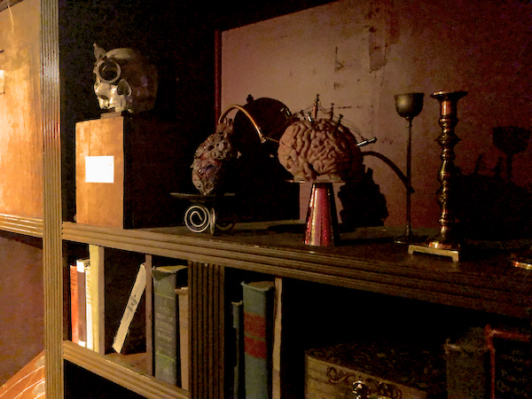 In-game: A self in the library with an augmented skulls, brain, and heart.