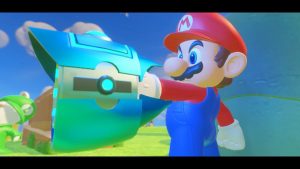 Mario defiantly points his new blaster in the enemy's direction.