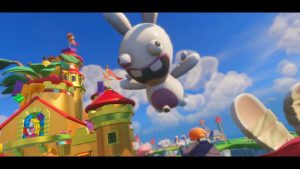 A giant balloon in the shape of a Rabbid looms over Princess Peach's castle. The Rabbid takeover is complete...