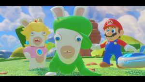 The starting team of Rabbid Peach, Rabbid Luigi, and Mario.
