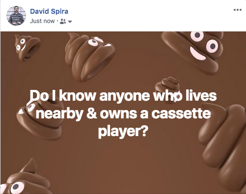 David's Facebook post with a poop emoji background asking, 