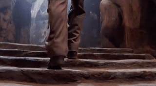 Indiana Jones walking up old temple stairs and opening his father's journal.