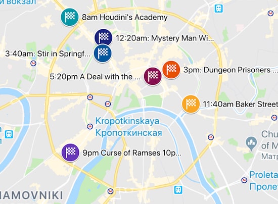 Map of the 7 Claustrophobia locations in Moscow that will be involved in the record attempt.