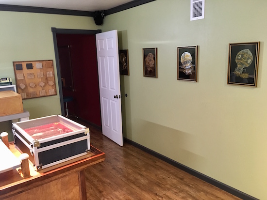 In-game: a sealed bomb beside some puzzles in a green walled room.