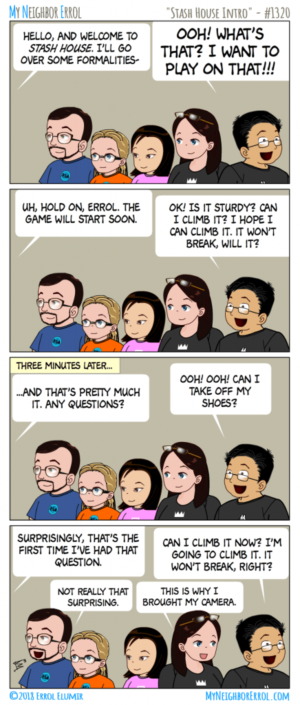 Comic of Errol asking if he can take his shoes off in Stash House.